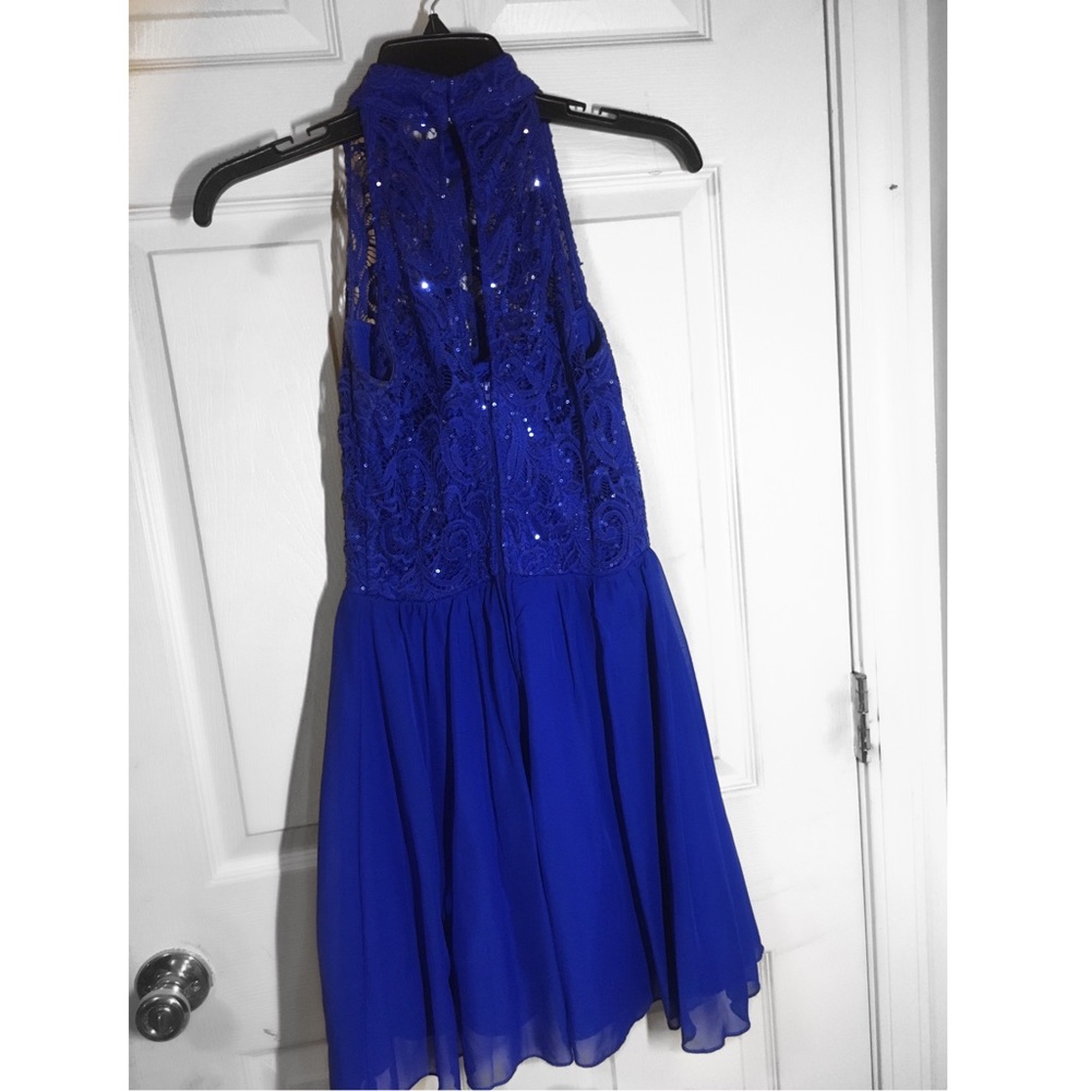 Lace Sequin Halter Mini Dress: Royal Blue - Picture 2 of 3
